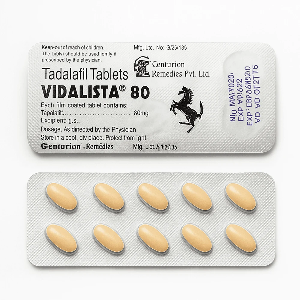 Vidalista 80 mg – potištěný blistr a deset žlutých tablet