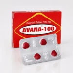 Avana 100 mg – krabička a blistr se čtyřmi červenými tabletami