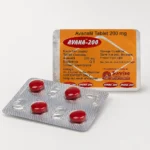 Avana 200 mg – přední a zadní strana blistru se čtyřmi červenými tabletami