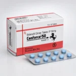 Cenforce 50 mg – krabička a blistr s deseti modrými tabletami