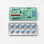 Cenforce 50 mg – přední a zadní strana blistrů s modrými tabletami