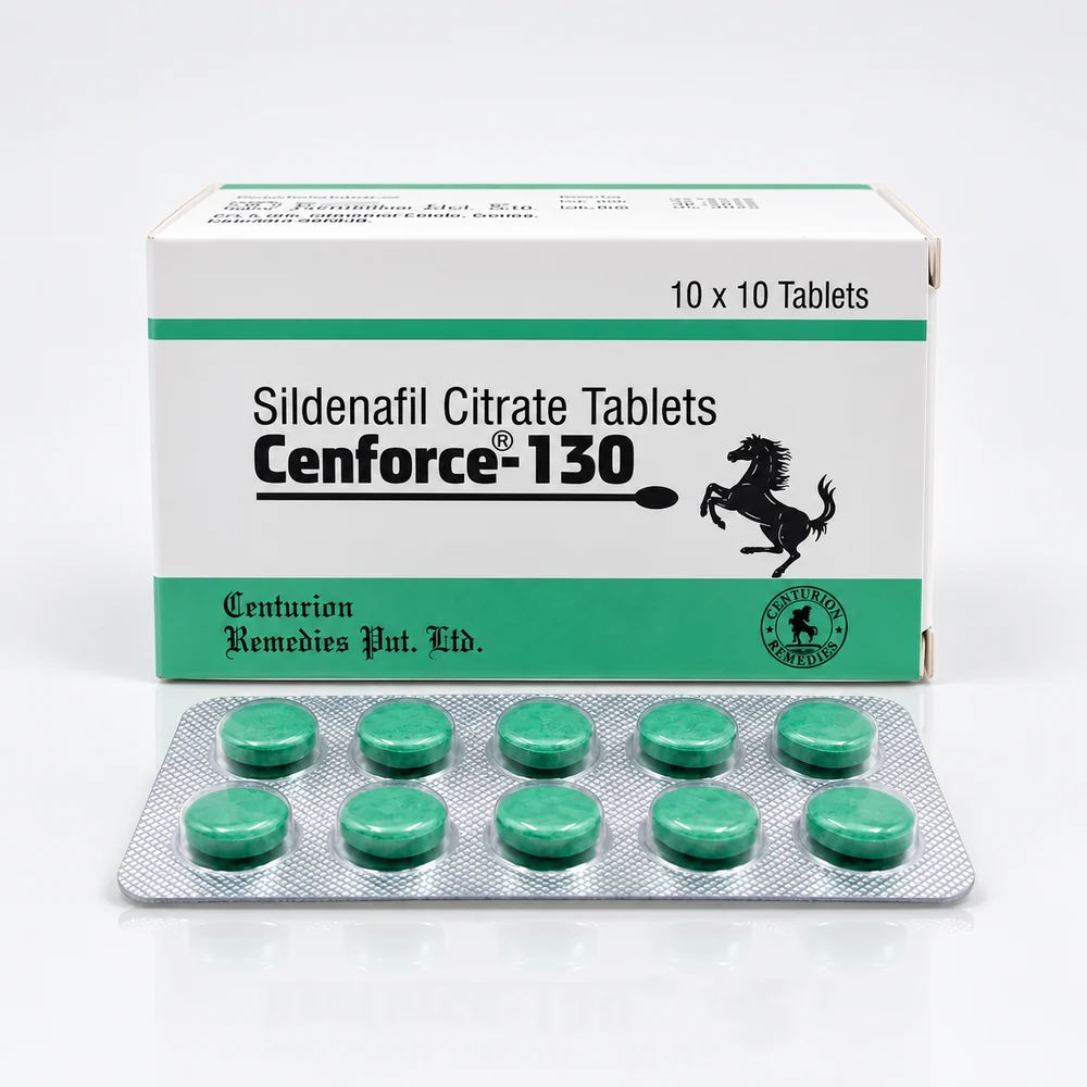 Cenforce 130 mg – krabička a blistr s deseti zelenými tabletami