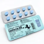 Cenforce 25 mg – přední a zadní strana blistru s modrými tabletami