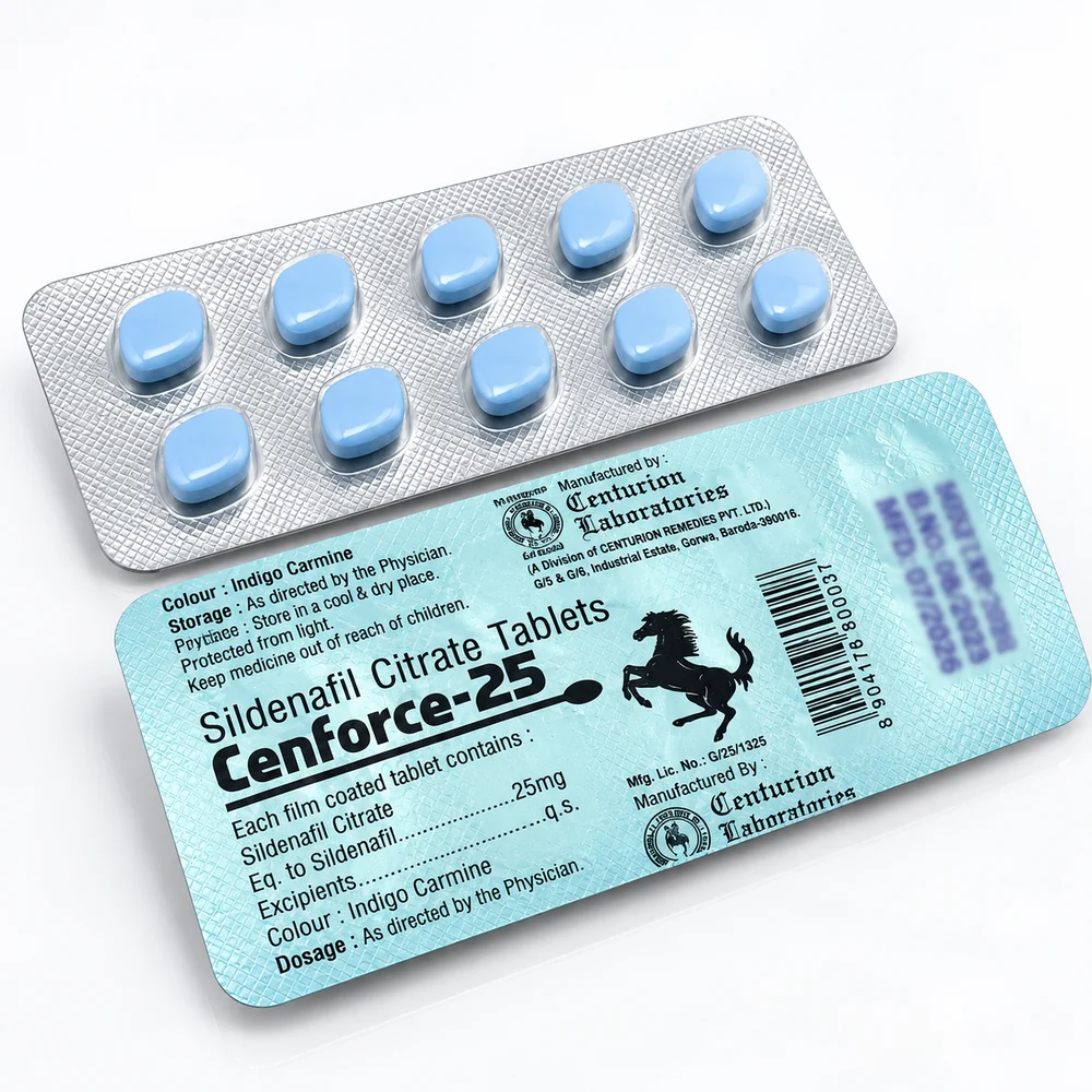 Cenforce 25 mg – přední a zadní strana blistru s modrými tabletami