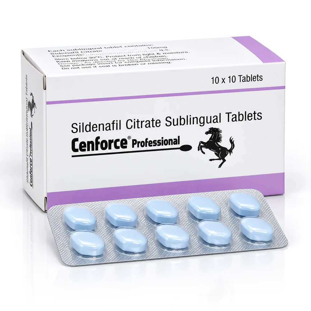 Cenforce Professional 100 mg – krabička a blistr s deseti světle modrými sublingválními tabletami