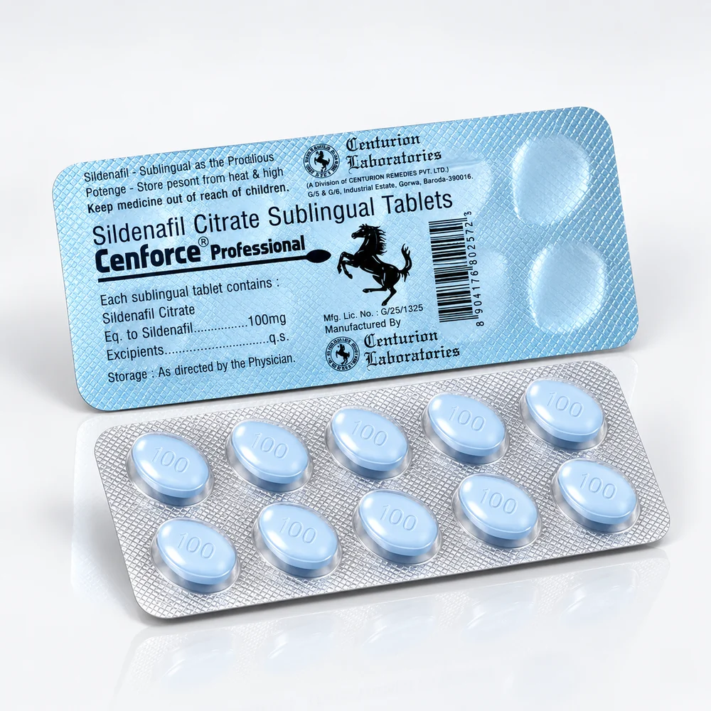 Cenforce Professional 100 mg – přední a zadní strana blistru se světle modrými tabletami