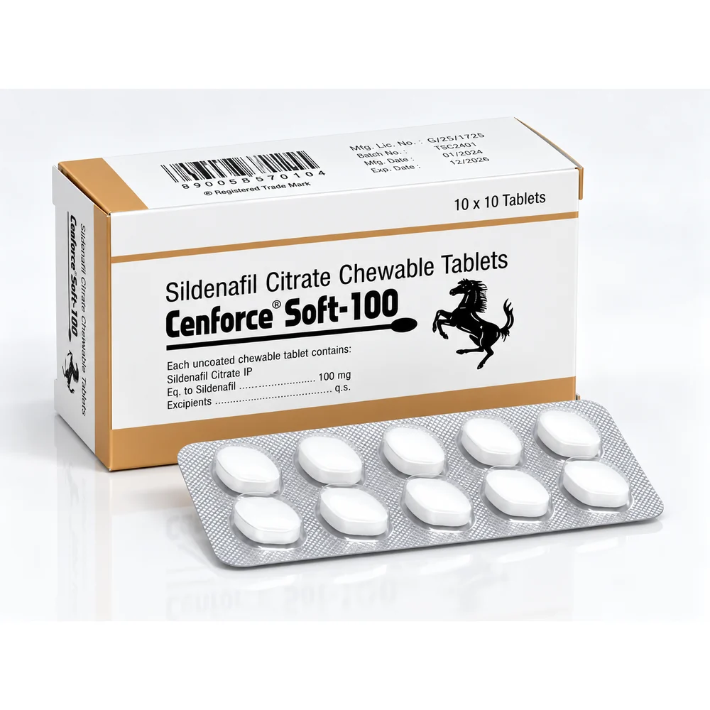 Cenforce soft 100 mg – krabička a blistr s deseti bílými žvýkacími tabletami