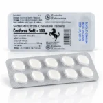 Cenforce soft 100 mg – přední a zadní strana blistru s bílými žvýkacími tabletami