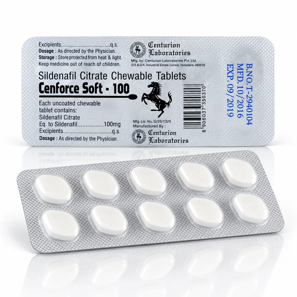 Cenforce soft 100 mg – přední a zadní strana blistru s bílými žvýkacími tabletami