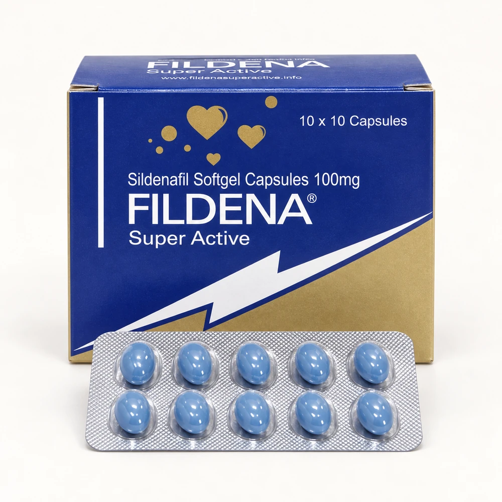 Fildena Super Active 100 mg – krabička a blistr s deseti modrými měkkými kapslemi