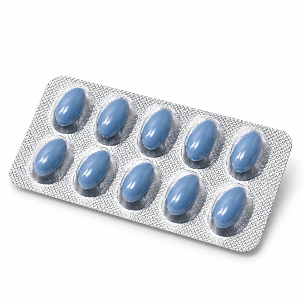 Fildena Super Active 100 mg – detail blistru s deseti modrými měkkými kapslemi