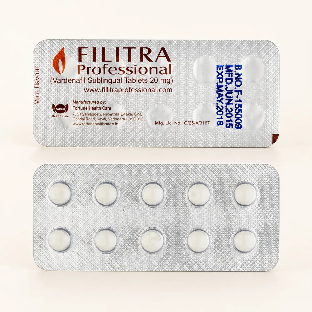 Filitra Professional 20 mg – přední a zadní strana blistru s bílými tabletami
