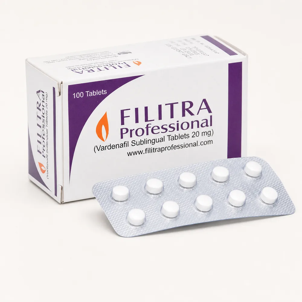 Filitra Professional 20 mg – krabička a blistr s deseti bílými sublingválními tabletami