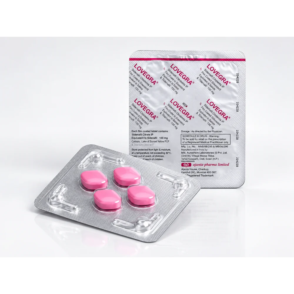 Lovegra 100 mg – přední a zadní strana blistru se čtyřmi růžovými tabletami