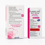 Lovegra Oral Jelly 100 mg – zadní strana krabičky a přední strana gelového sáčku