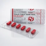 Sildalist 120 mg – potištěný blistr a šest červených podlouhlých tablet