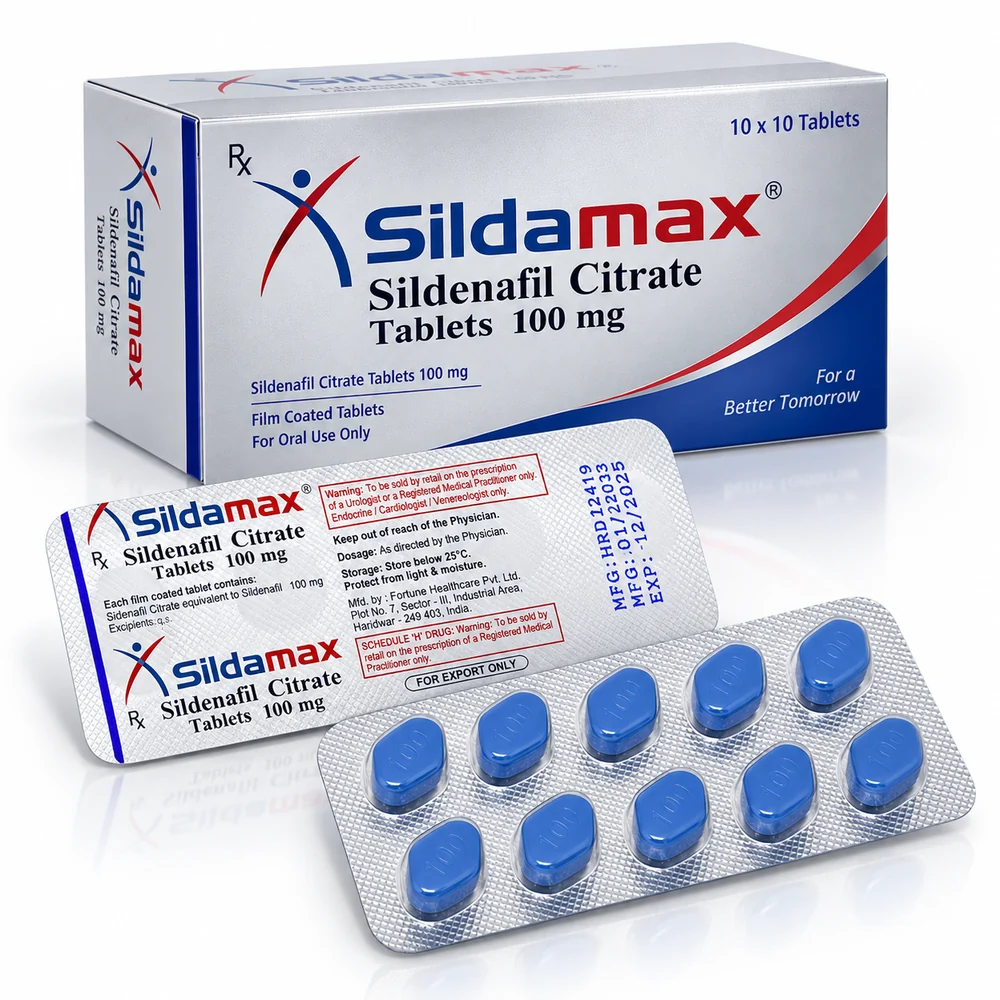 Sildamax 100 mg – krabička a dva blistry s modrými tabletami