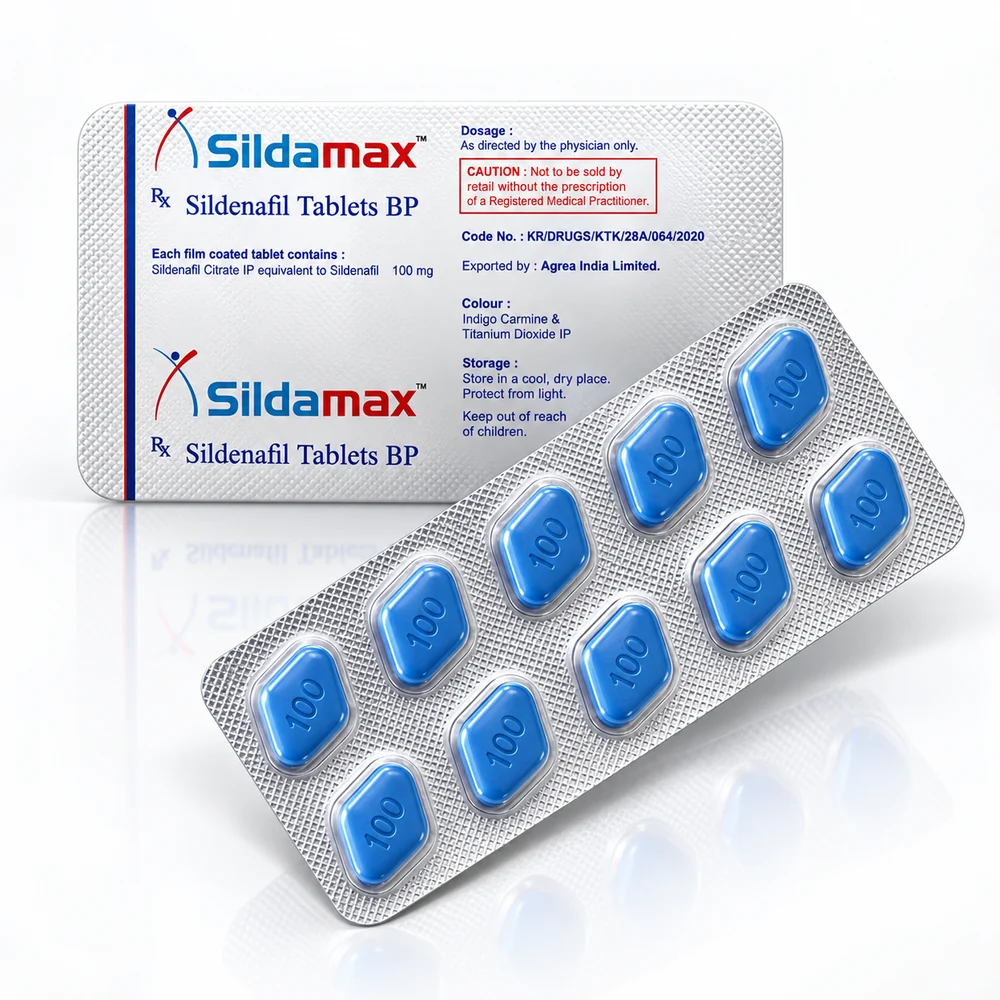 Sildamax 100 mg – potištěný obal a blistr s deseti modrými tabletami