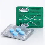 Super P-force 160 mg – zadní a přední strana blistrů se čtyřmi modrými tabletami