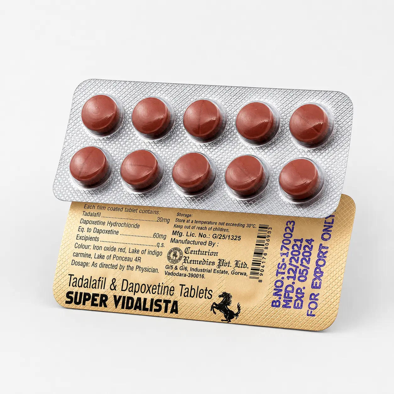 Super Vidalista 80 mg – přední a zadní strana blistru s růžovými tabletami