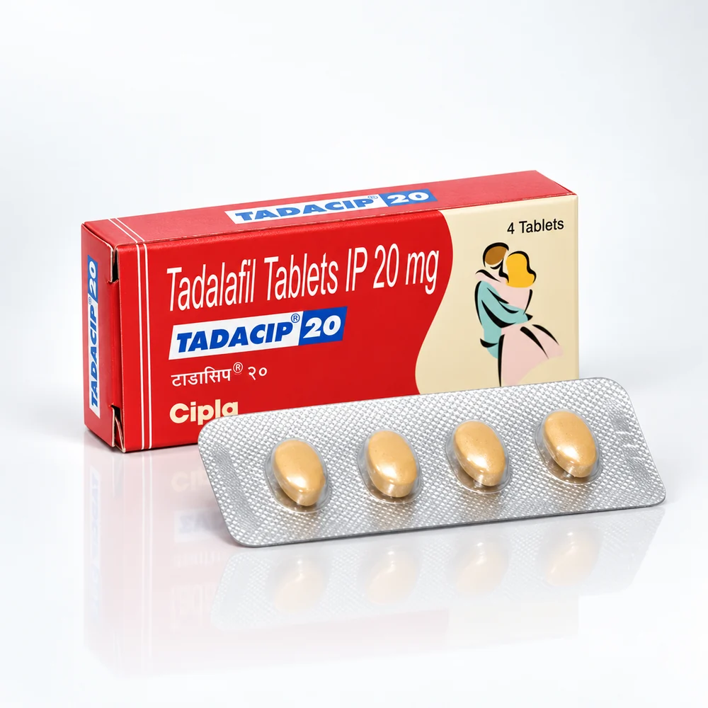 Tadacip 20 mg – krabička a blistr se čtyřmi béžovými tabletami