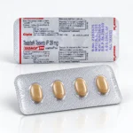 Tadacip 20 mg – přední a zadní strana blistru se čtyřmi béžovými tabletami