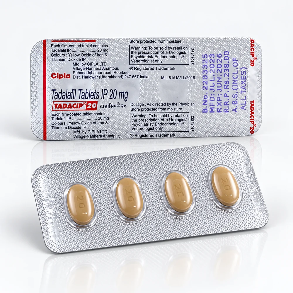 Tadacip 20 mg – přední a zadní strana blistru se čtyřmi béžovými tabletami
