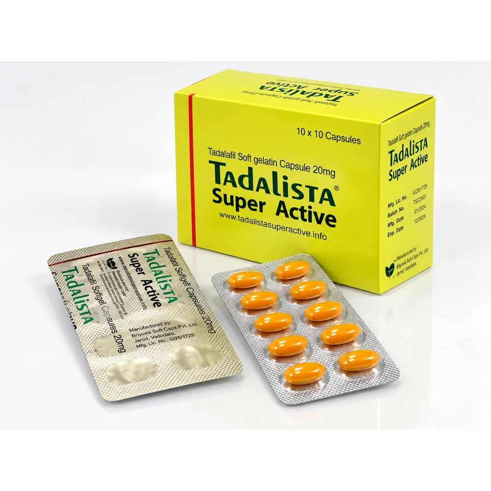 Tadalista Super Active 20 mg – krabička a dva blistry s oranžovými měkkými kapslemi