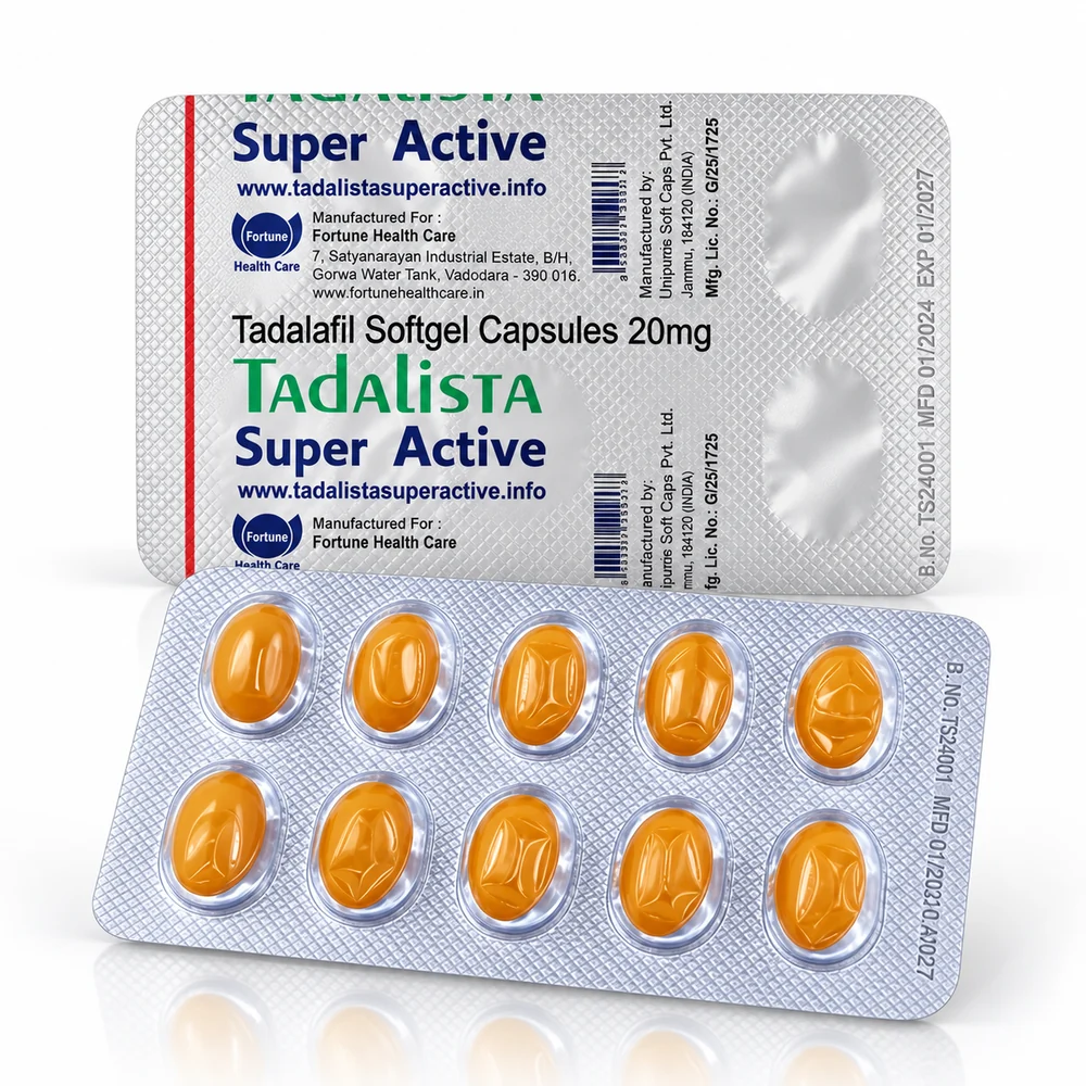 Tadalista Super Active 20 mg – přední a zadní strana blistru s oranžovými kapslemi