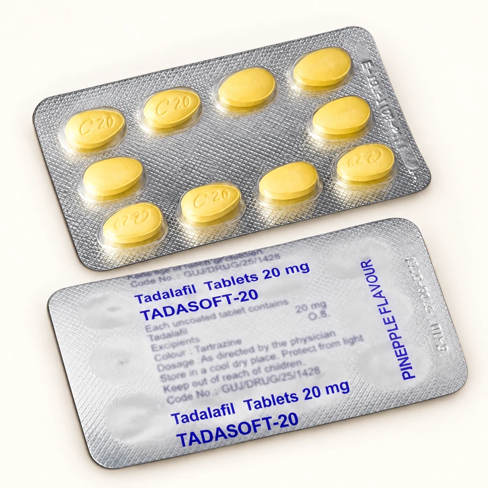 Tadasoft 20 mg – přední a zadní strana blistru se žlutými tabletami