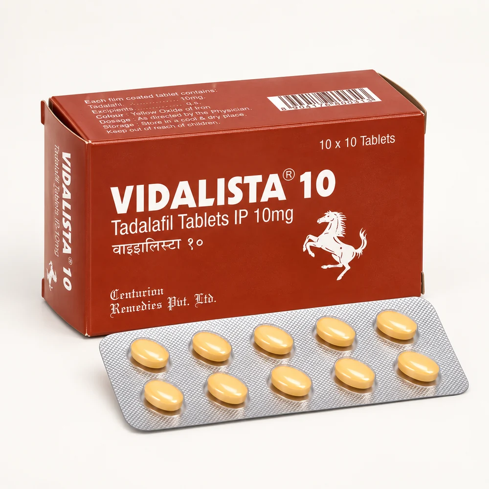 Vidalista 10 mg – krabička a blistr s deseti žlutými tabletami