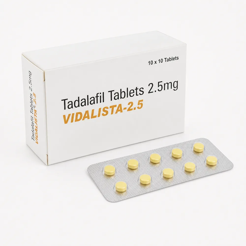 Vidalista 2.5 mg – krabička a blistr žlutých tablet z bočního úhlu