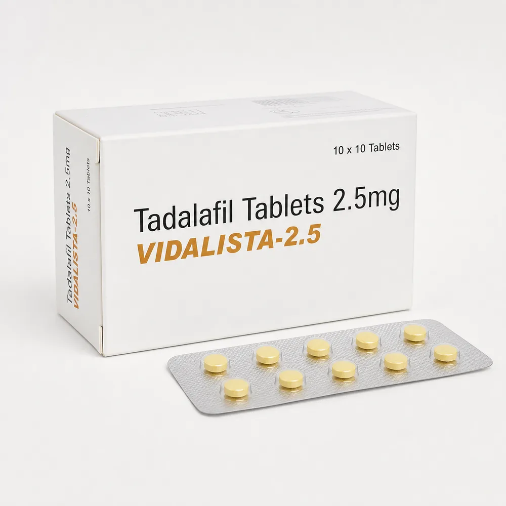 Vidalista 2.5 mg – krabička a blistr s deseti malými žlutými tabletami