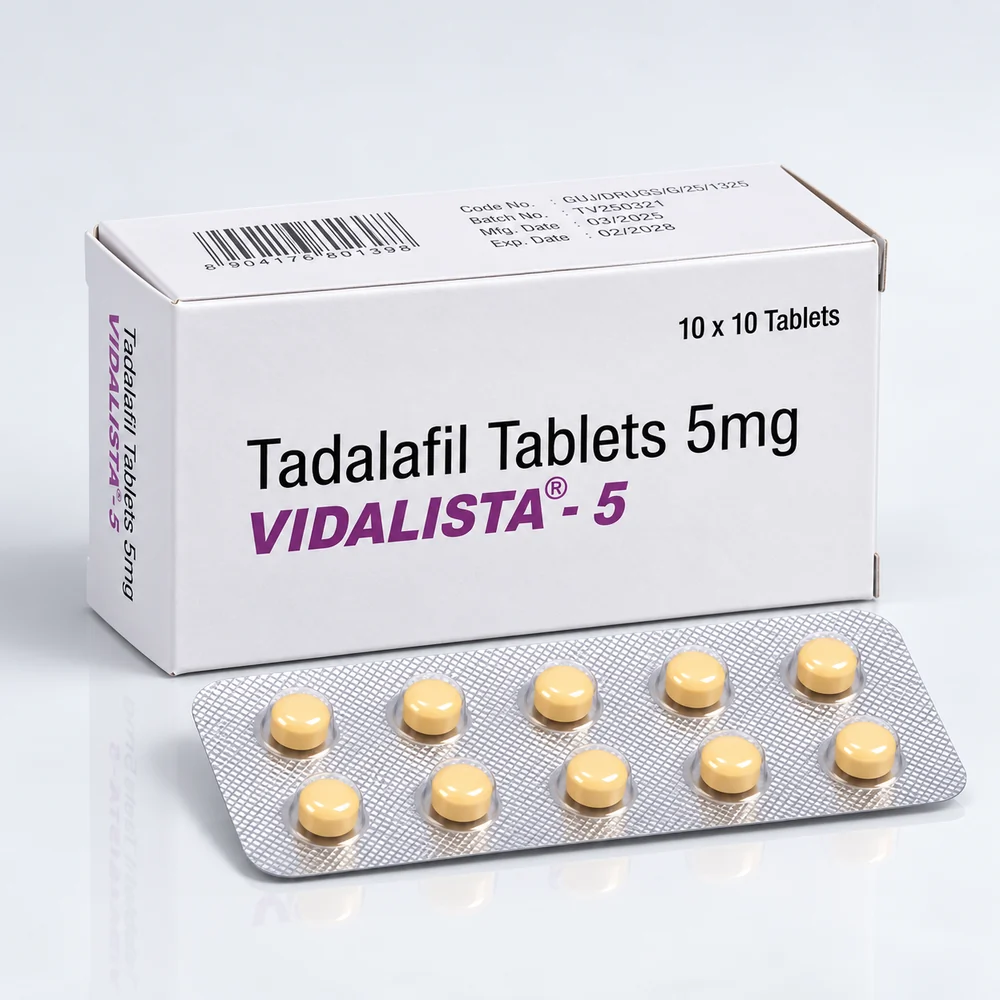 Vidalista 5 mg – krabička a blistr s deseti žlutými tabletami