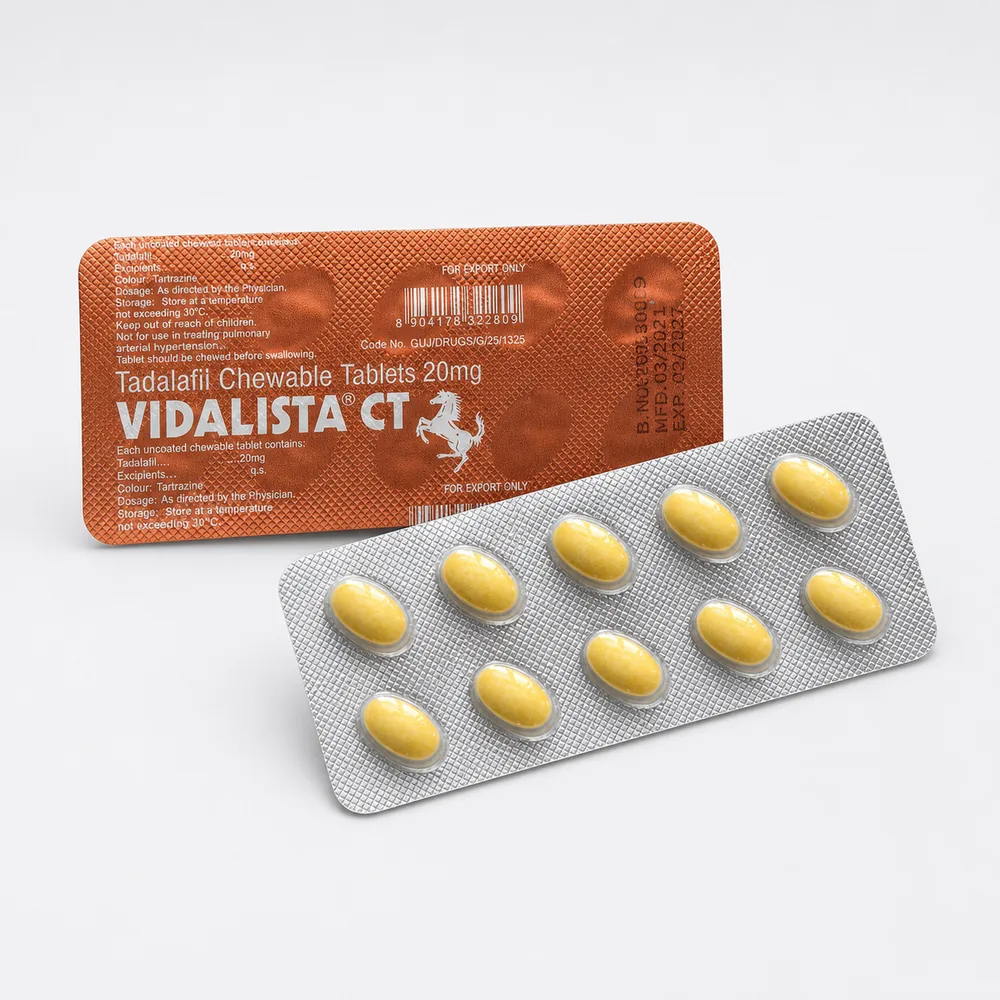 Vidalista CT 20 mg – přední a zadní strana blistru žvýkacích tablet