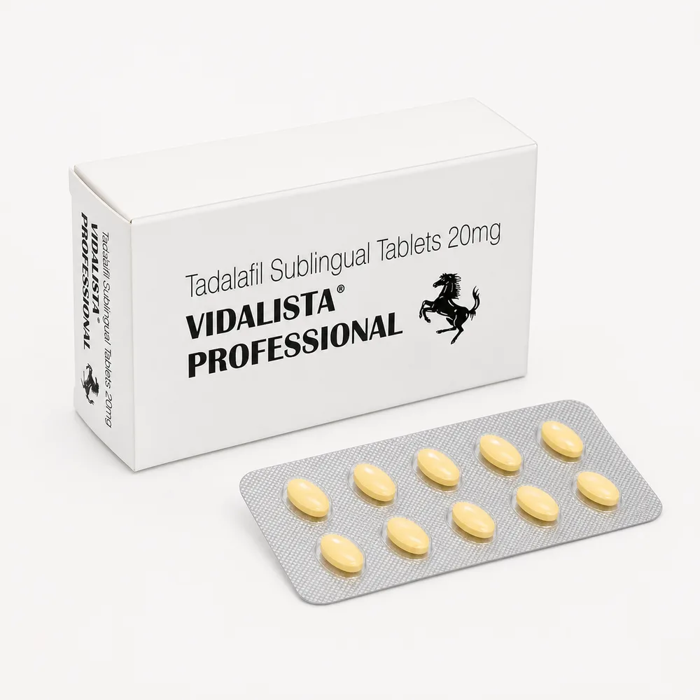 Vidalista Professional 20 mg – krabička a blistr sublingválních tablet z čelního úhlu