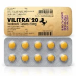 Vilitra 20 mg – potištěný blistr a deset žlutých tablet zblízka