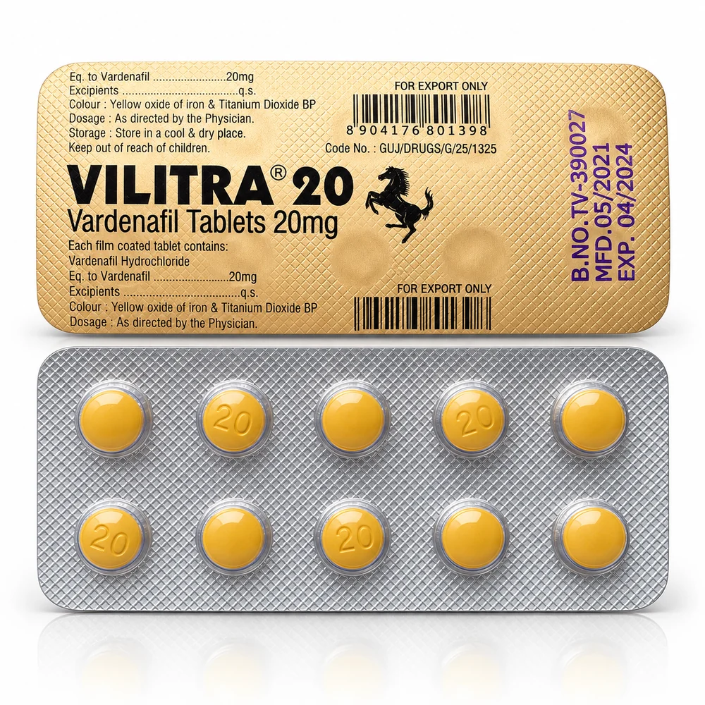 Vilitra 20 mg – potištěný blistr a deset žlutých tablet zblízka